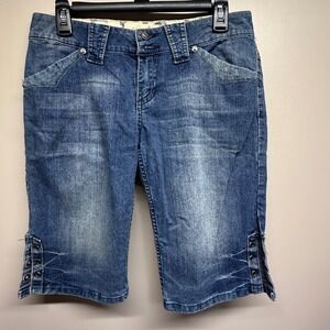 YMI Jeans USA Womens Size 9 Blue Denim Capri Shorts Button Fly Studded Detail